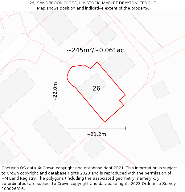 26, SANDBROOK CLOSE, HINSTOCK, MARKET DRAYTON, TF9 2UD: Plot and title map