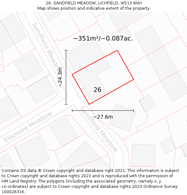 26, SANDFIELD MEADOW, LICHFIELD, WS13 6NH: Plot and title map
