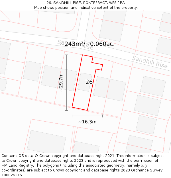 26, SANDHILL RISE, PONTEFRACT, WF8 1RA: Plot and title map