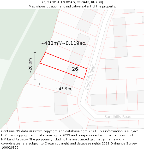 26, SANDHILLS ROAD, REIGATE, RH2 7RJ: Plot and title map