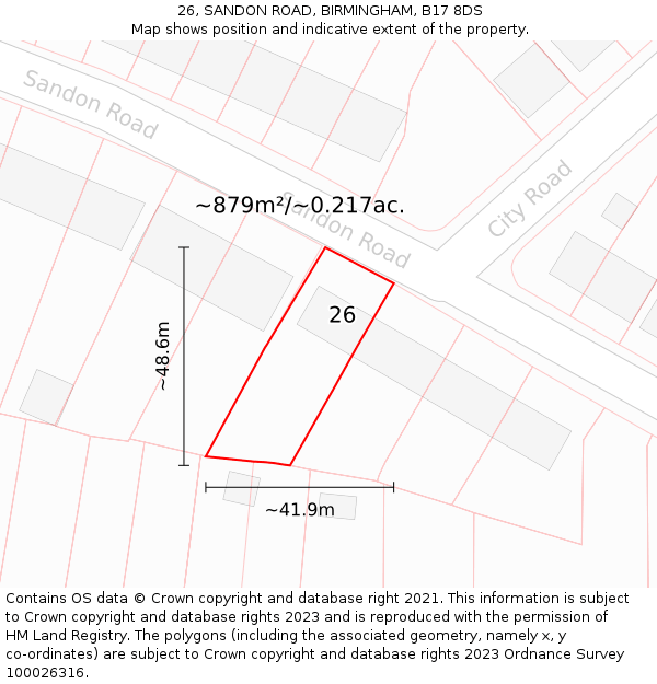 26, SANDON ROAD, BIRMINGHAM, B17 8DS: Plot and title map