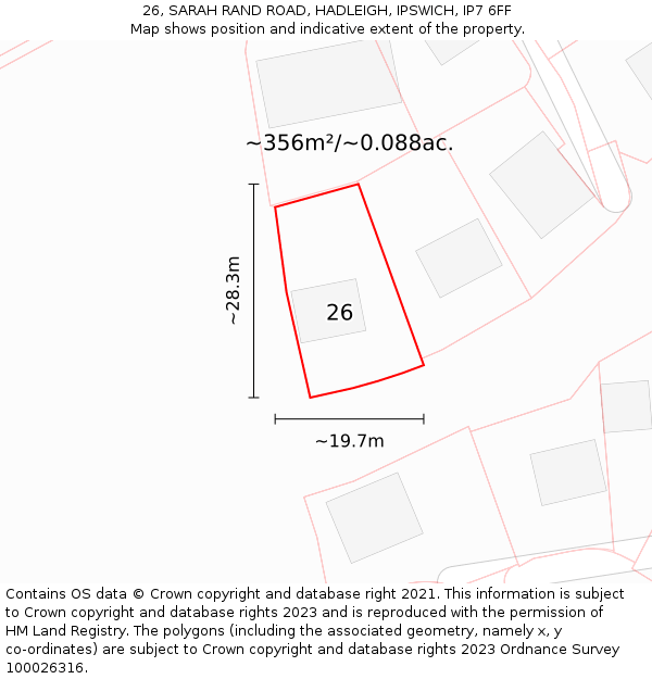 26, SARAH RAND ROAD, HADLEIGH, IPSWICH, IP7 6FF: Plot and title map