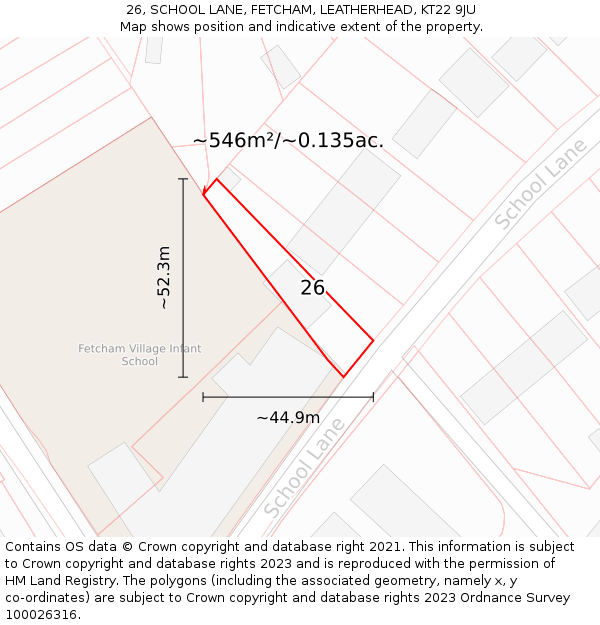 26, SCHOOL LANE, FETCHAM, LEATHERHEAD, KT22 9JU: Plot and title map