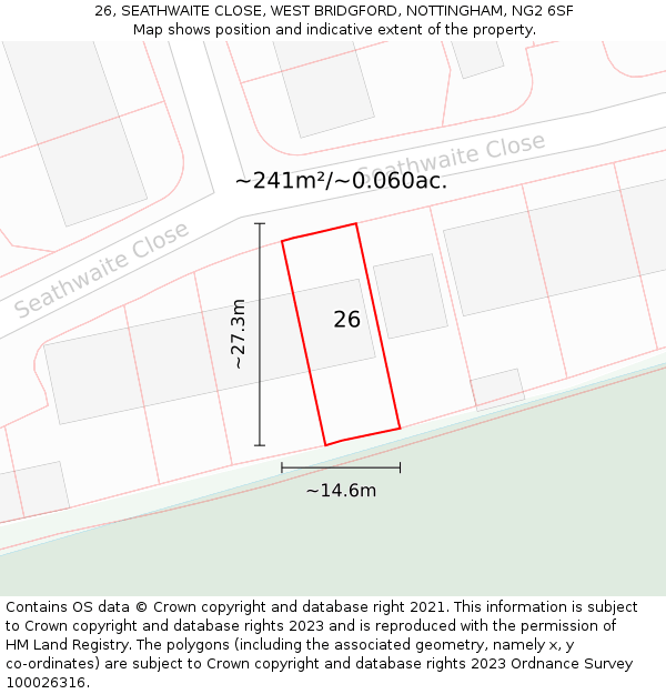 26, SEATHWAITE CLOSE, WEST BRIDGFORD, NOTTINGHAM, NG2 6SF: Plot and title map