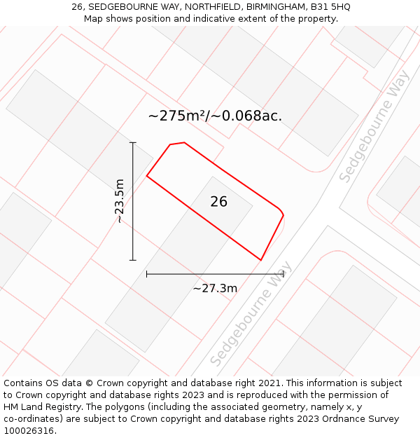 26, SEDGEBOURNE WAY, NORTHFIELD, BIRMINGHAM, B31 5HQ: Plot and title map