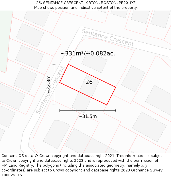 26, SENTANCE CRESCENT, KIRTON, BOSTON, PE20 1XF: Plot and title map
