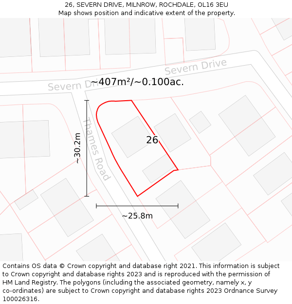 26, SEVERN DRIVE, MILNROW, ROCHDALE, OL16 3EU: Plot and title map