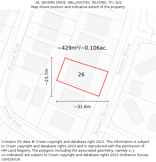 26, SEVERN DRIVE, WELLINGTON, TELFORD, TF1 3LQ: Plot and title map