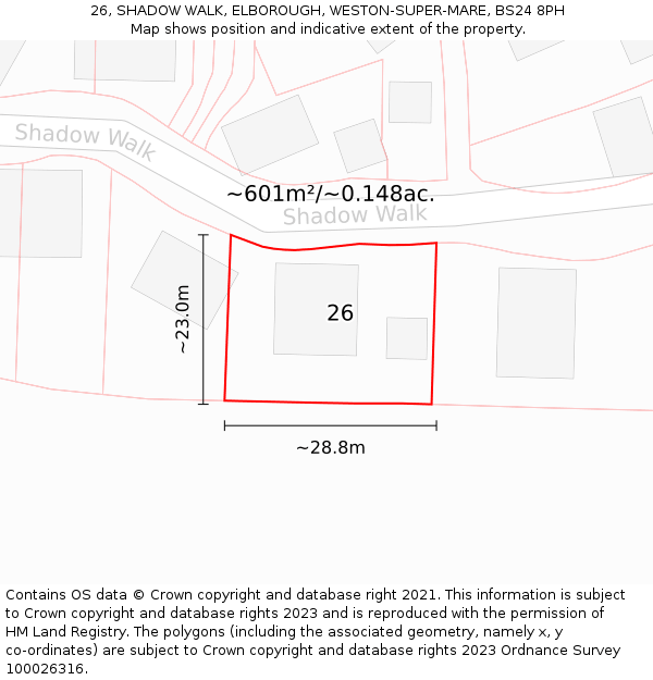 26, SHADOW WALK, ELBOROUGH, WESTON-SUPER-MARE, BS24 8PH: Plot and title map