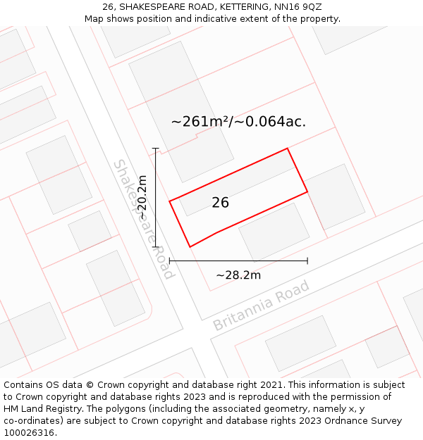 26, SHAKESPEARE ROAD, KETTERING, NN16 9QZ: Plot and title map