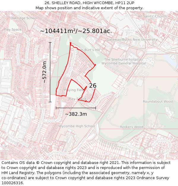 26, SHELLEY ROAD, HIGH WYCOMBE, HP11 2UP: Plot and title map