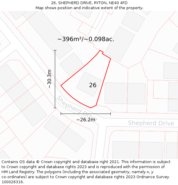 26, SHEPHERD DRIVE, RYTON, NE40 4FD: Plot and title map