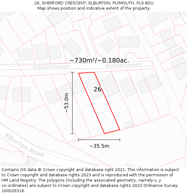 26, SHERFORD CRESCENT, ELBURTON, PLYMOUTH, PL9 8DU: Plot and title map