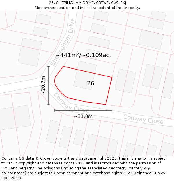 26, SHERINGHAM DRIVE, CREWE, CW1 3XJ: Plot and title map