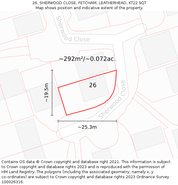 26, SHERWOOD CLOSE, FETCHAM, LEATHERHEAD, KT22 9QT: Plot and title map