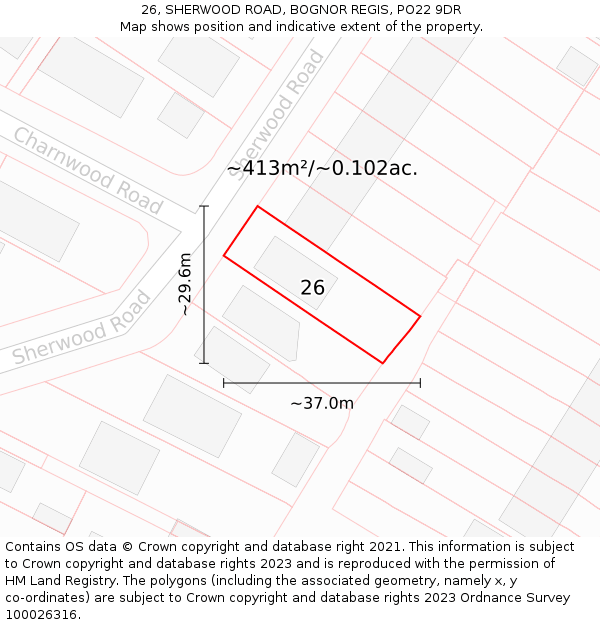 26, SHERWOOD ROAD, BOGNOR REGIS, PO22 9DR: Plot and title map