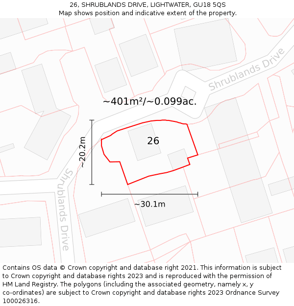 26, SHRUBLANDS DRIVE, LIGHTWATER, GU18 5QS: Plot and title map