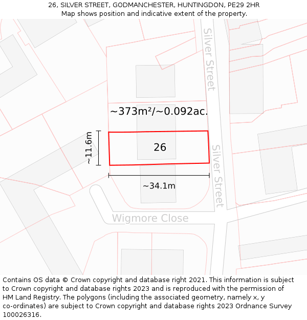 26, SILVER STREET, GODMANCHESTER, HUNTINGDON, PE29 2HR: Plot and title map