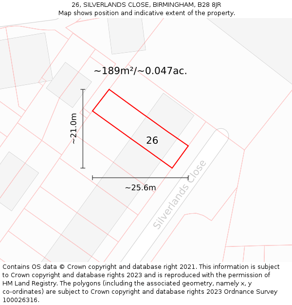 26, SILVERLANDS CLOSE, BIRMINGHAM, B28 8JR: Plot and title map