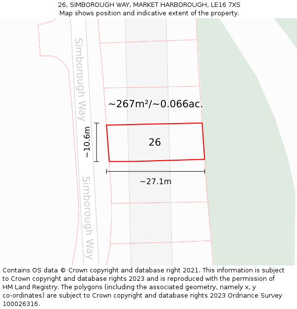 26, SIMBOROUGH WAY, MARKET HARBOROUGH, LE16 7XS: Plot and title map