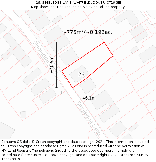 26, SINGLEDGE LANE, WHITFIELD, DOVER, CT16 3EJ: Plot and title map