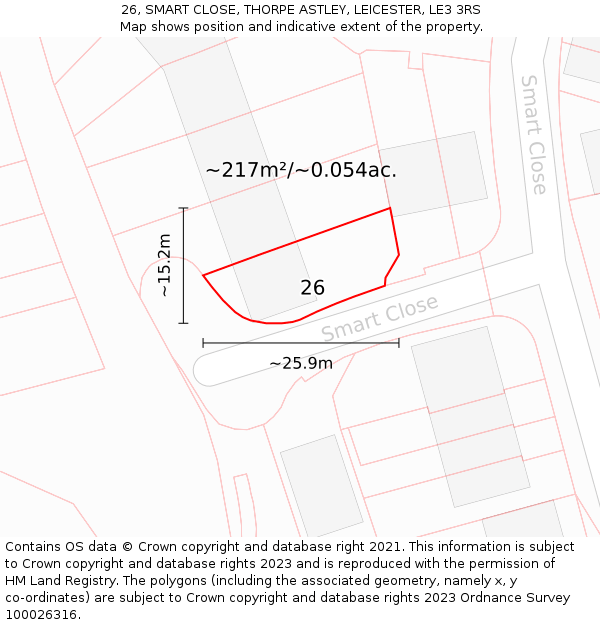 26, SMART CLOSE, THORPE ASTLEY, LEICESTER, LE3 3RS: Plot and title map