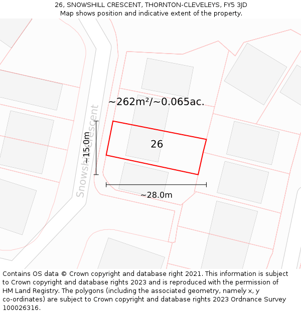 26, SNOWSHILL CRESCENT, THORNTON-CLEVELEYS, FY5 3JD: Plot and title map