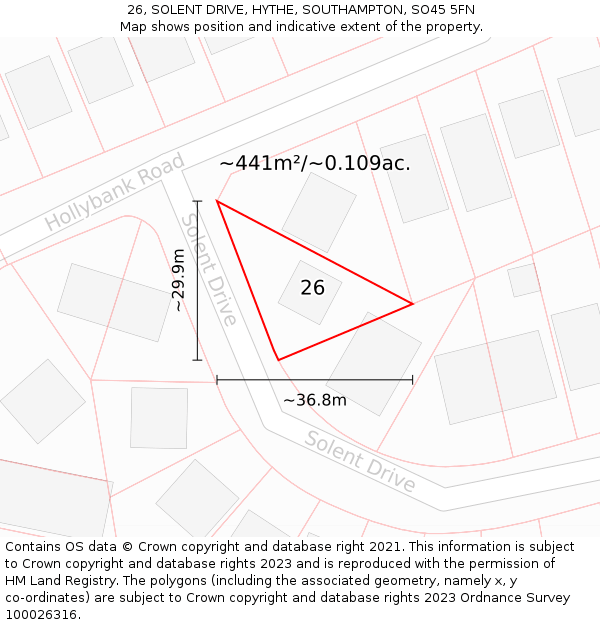 26, SOLENT DRIVE, HYTHE, SOUTHAMPTON, SO45 5FN: Plot and title map