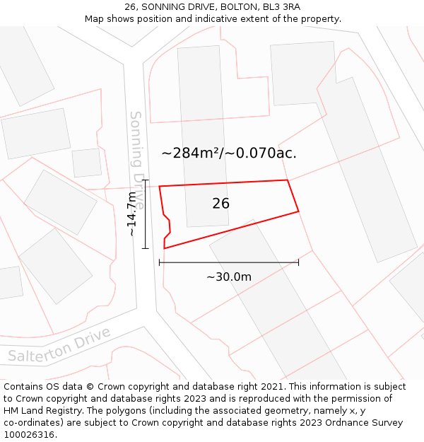 26, SONNING DRIVE, BOLTON, BL3 3RA: Plot and title map