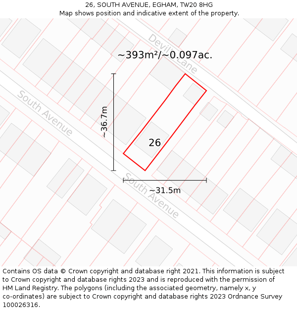 26, SOUTH AVENUE, EGHAM, TW20 8HG: Plot and title map