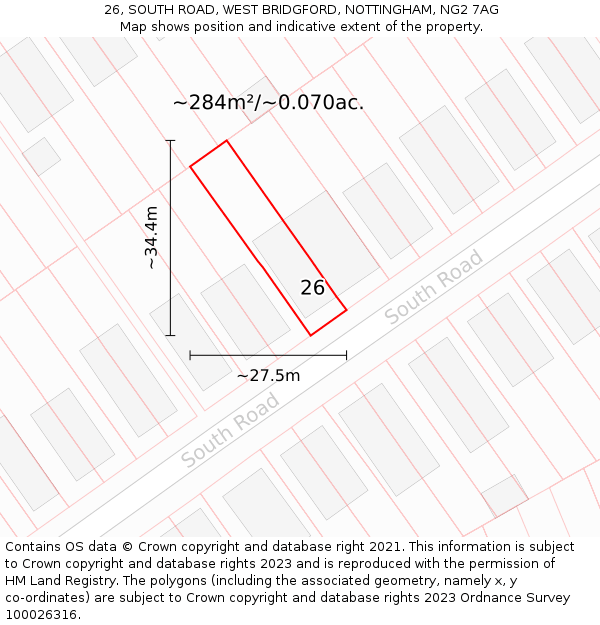 26, SOUTH ROAD, WEST BRIDGFORD, NOTTINGHAM, NG2 7AG: Plot and title map