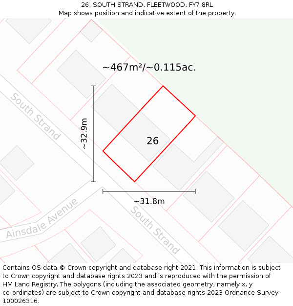 26, SOUTH STRAND, FLEETWOOD, FY7 8RL: Plot and title map