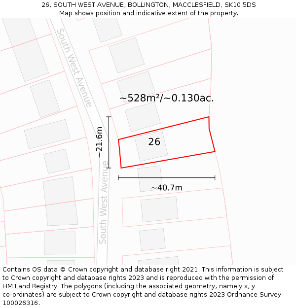 26, SOUTH WEST AVENUE, BOLLINGTON, MACCLESFIELD, SK10 5DS: Plot and title map