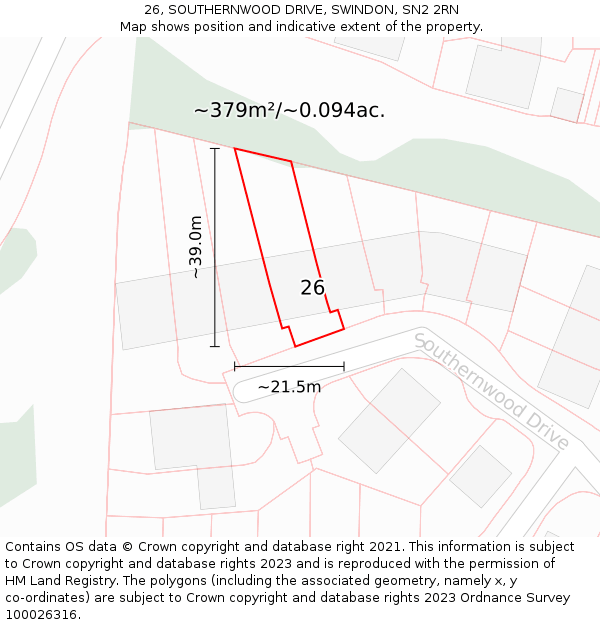 26, SOUTHERNWOOD DRIVE, SWINDON, SN2 2RN: Plot and title map