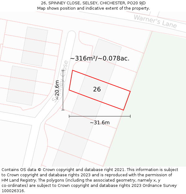26, SPINNEY CLOSE, SELSEY, CHICHESTER, PO20 9JD: Plot and title map