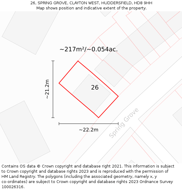 26, SPRING GROVE, CLAYTON WEST, HUDDERSFIELD, HD8 9HH: Plot and title map