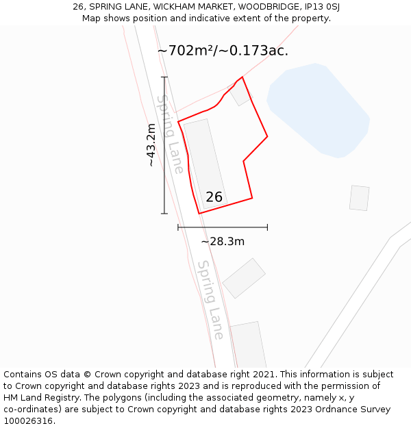 26, SPRING LANE, WICKHAM MARKET, WOODBRIDGE, IP13 0SJ: Plot and title map