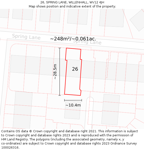 26, SPRING LANE, WILLENHALL, WV12 4JH: Plot and title map
