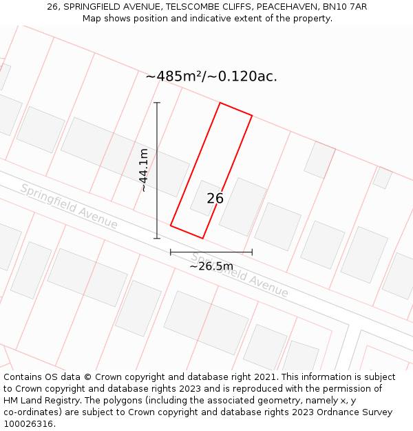 26, SPRINGFIELD AVENUE, TELSCOMBE CLIFFS, PEACEHAVEN, BN10 7AR: Plot and title map