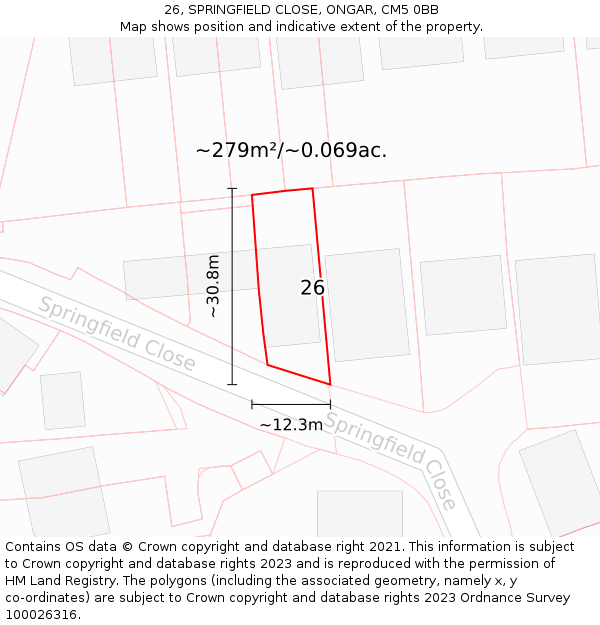 26, SPRINGFIELD CLOSE, ONGAR, CM5 0BB: Plot and title map