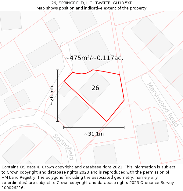 26, SPRINGFIELD, LIGHTWATER, GU18 5XP: Plot and title map