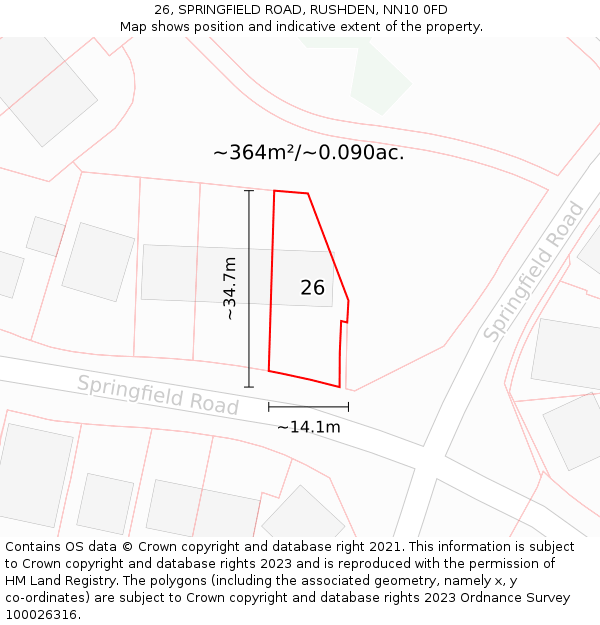 26, SPRINGFIELD ROAD, RUSHDEN, NN10 0FD: Plot and title map