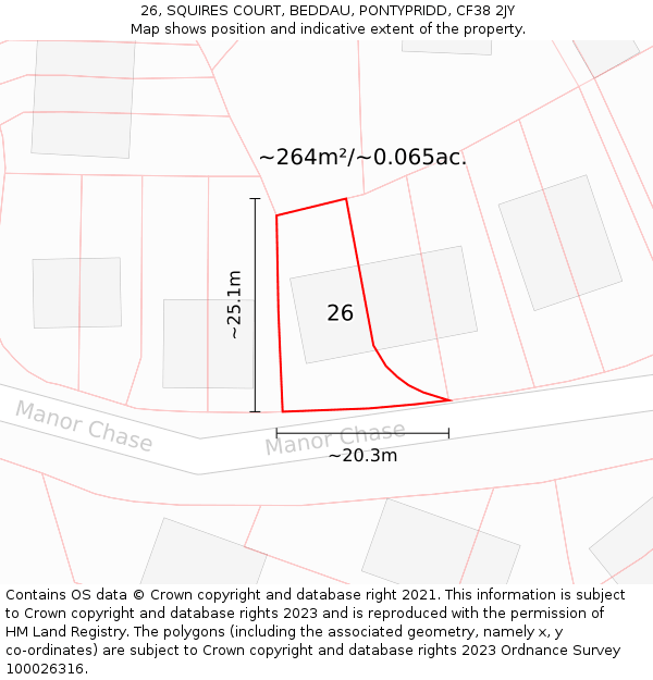 26, SQUIRES COURT, BEDDAU, PONTYPRIDD, CF38 2JY: Plot and title map