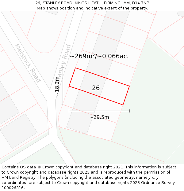 26, STANLEY ROAD, KINGS HEATH, BIRMINGHAM, B14 7NB: Plot and title map