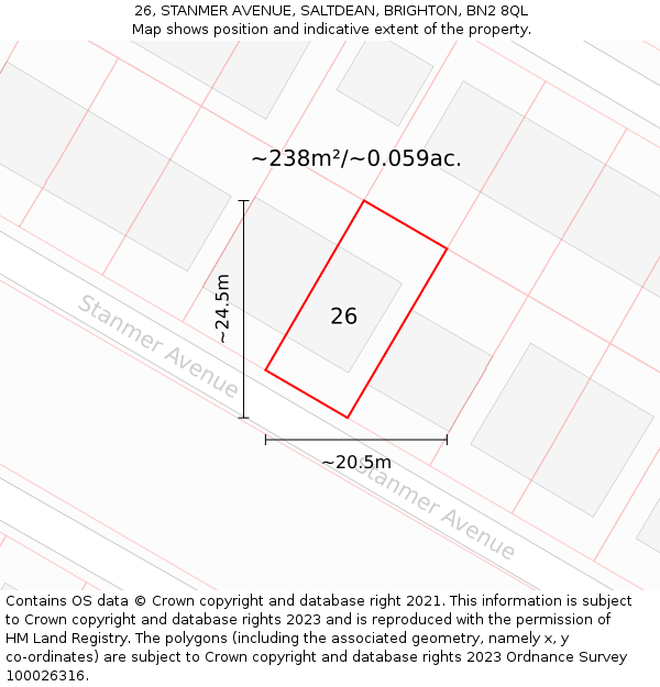 26, STANMER AVENUE, SALTDEAN, BRIGHTON, BN2 8QL: Plot and title map