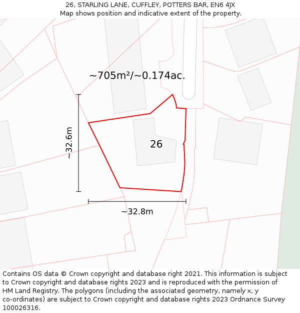 26, STARLING LANE, CUFFLEY, POTTERS BAR, EN6 4JX: Plot and title map