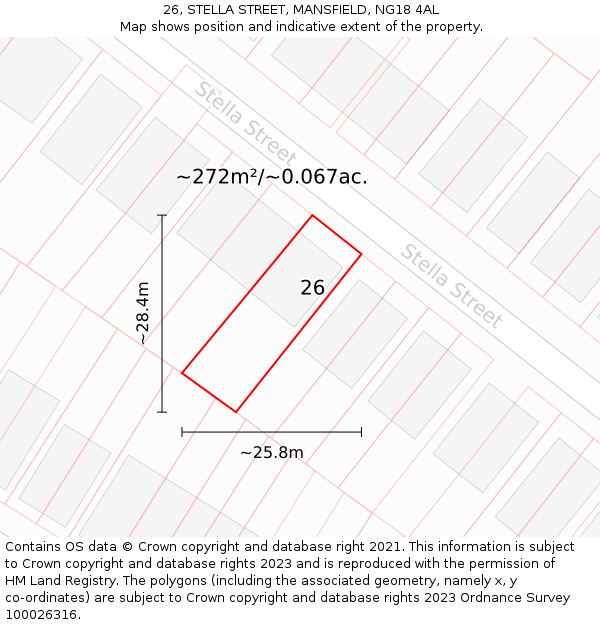 26, STELLA STREET, MANSFIELD, NG18 4AL: Plot and title map