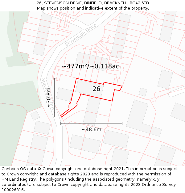 26, STEVENSON DRIVE, BINFIELD, BRACKNELL, RG42 5TB: Plot and title map