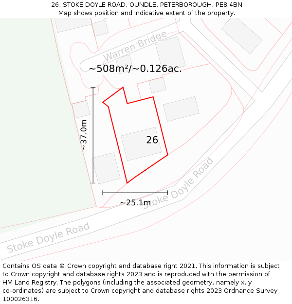 26, STOKE DOYLE ROAD, OUNDLE, PETERBOROUGH, PE8 4BN: Plot and title map