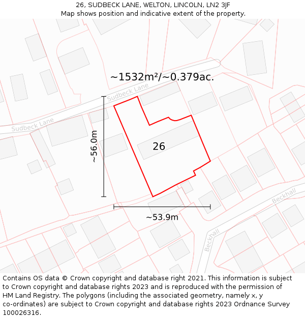 26, SUDBECK LANE, WELTON, LINCOLN, LN2 3JF: Plot and title map